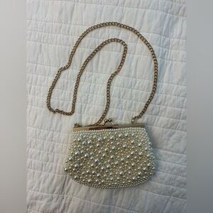 Natasha Couture Pearl-Embellished Cream Evening Purse with Gold Chain